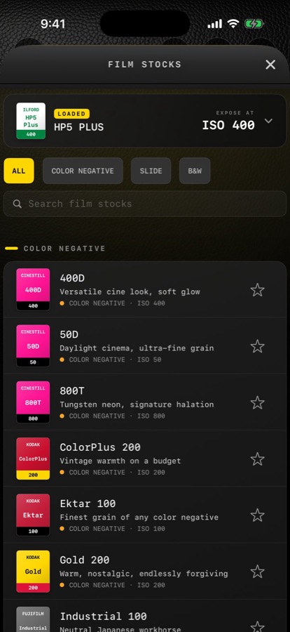 GlassMeter's film stock picker showing datasheet-accurate stocks.
