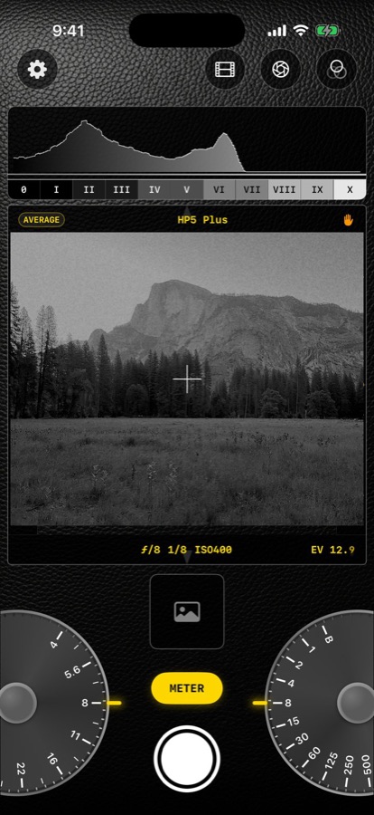 GlassMeter's finder: a live exposure reading over the scene.