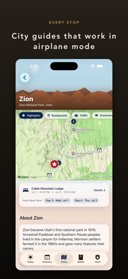 Tripfold's Cities screen: a city guide with a map and nearby places.