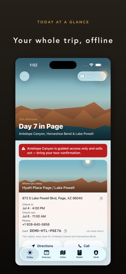 Tripfold's Today screen: the current day of a trip with the hotel, plan and warnings.