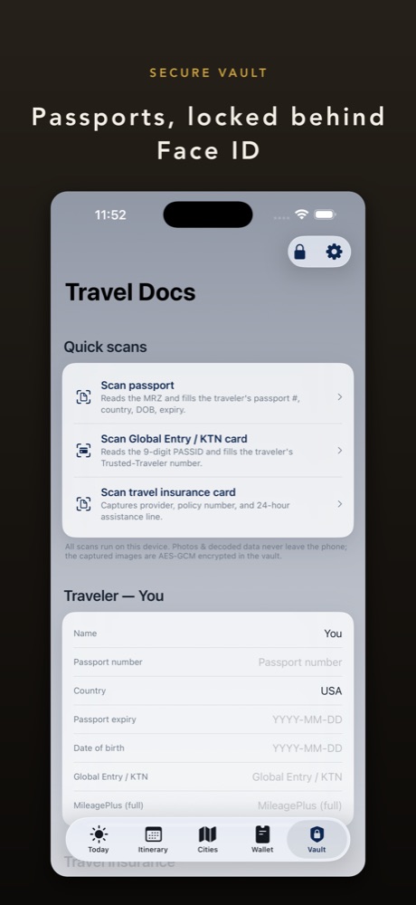 Tripfold's Vault: travel documents behind Face ID.