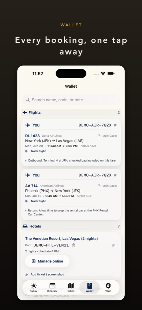 Tripfold's Wallet: flights, bookings and reference in one place.