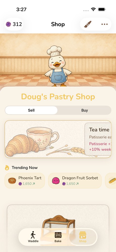 Waddle's Shop tab: Doug's Pastry Shop with the day's market rush and trending bakes.