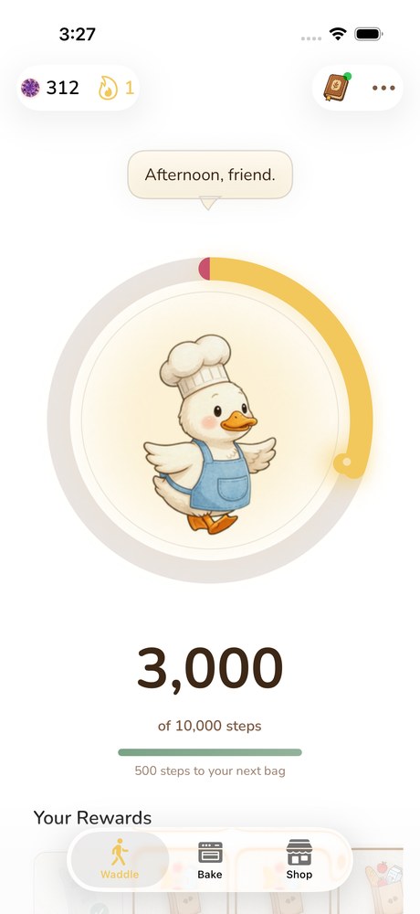 Waddle's Waddle tab: Doug inside a progress ring showing steps toward the day's goal.
