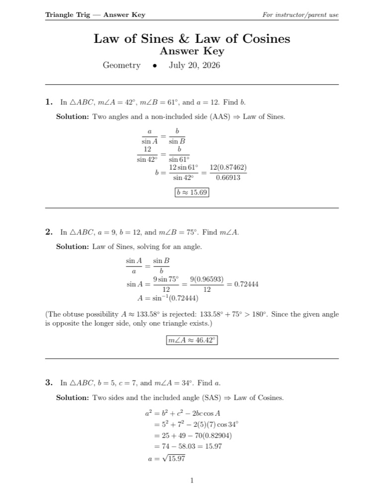 The answer key: each problem solved step by step with the answer boxed.