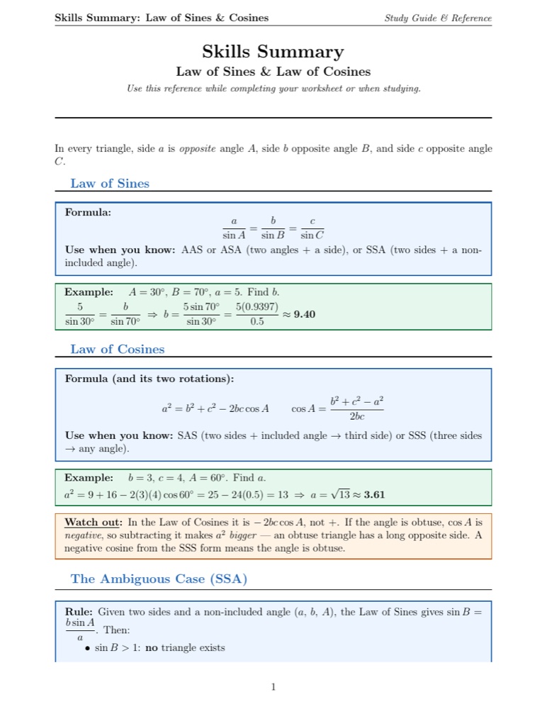 The matching study guide: formulas for the law of sines and cosines with worked examples.