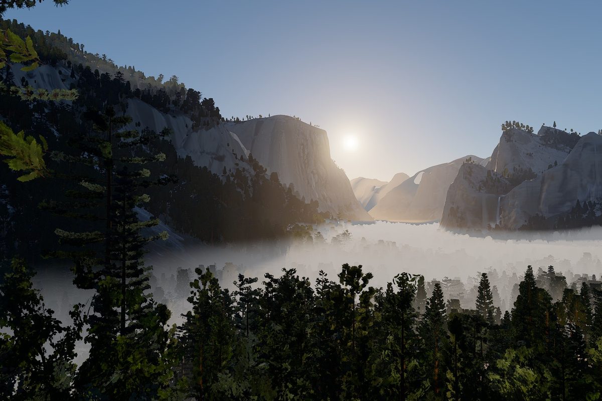 Morning fog filling Yosemite Valley below El Capitan, seen from Tunnel View in the simulator.