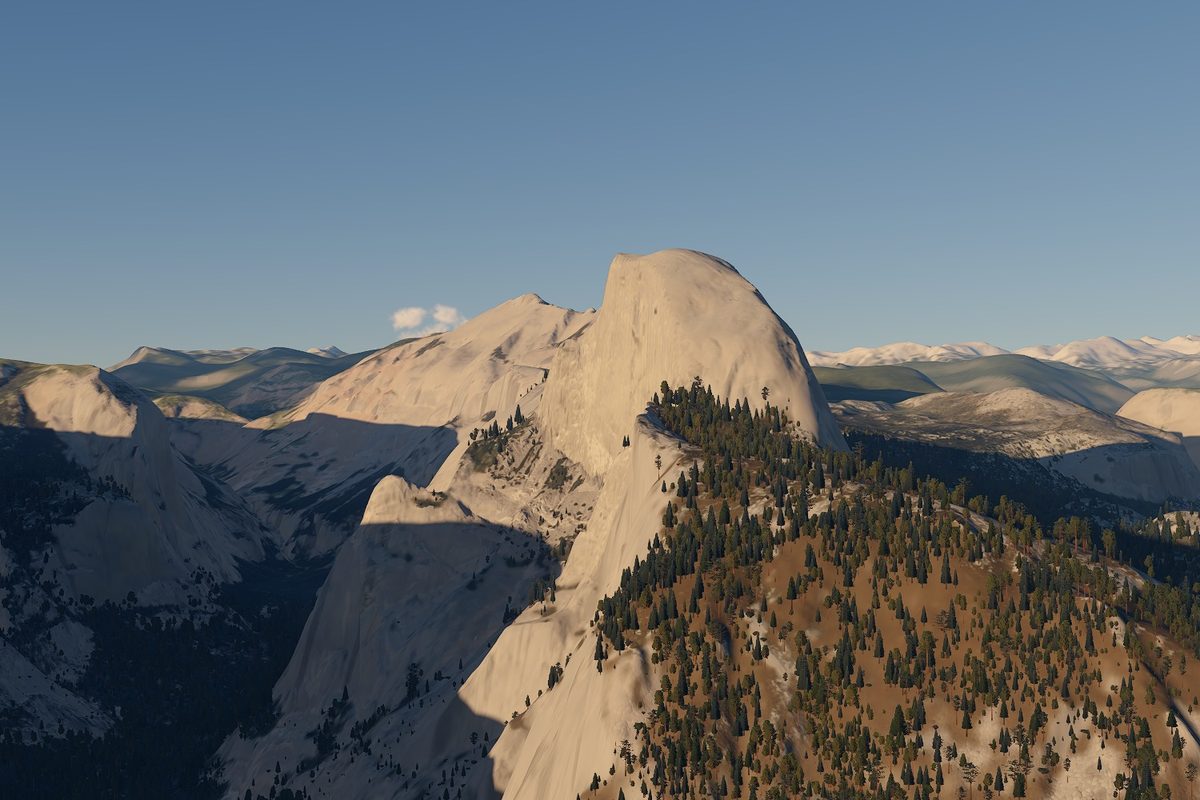 Half Dome at golden hour from Glacier Point, rendered in the simulator.